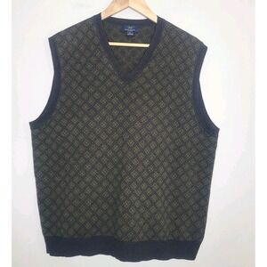 Brooks Brothers 346 V-Neck Sweater‎ Vest 100% Lambs Wool Brown AOP Size Large